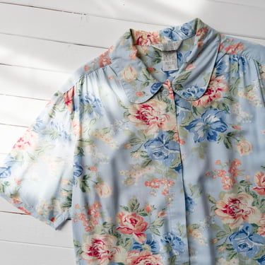 cute cottagecore shirt | 80s 90s vintage pastel sky blue peach romantic floral short sleeve blouse 