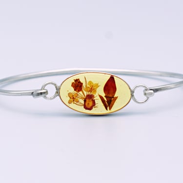 60's 925 silver flowers in resin clasp bangle, oval-faced sterling floral sweetheart bracelet 