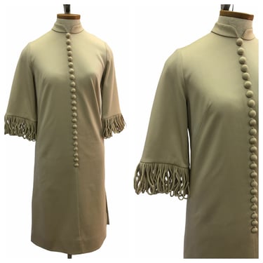 Vintage VTG 1960s 60s Beige Cream Mod Shift Dress with Tassel Sleeves 