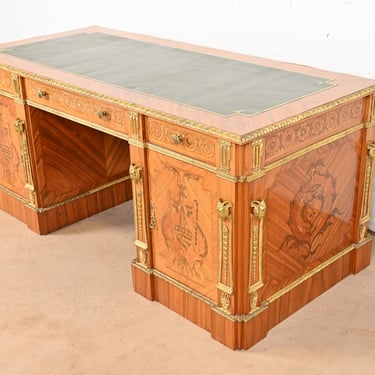 French Regency Louis XVI Kingwood Inlaid Marquetry Ormolu-Mounted Leather Top Executive Desk