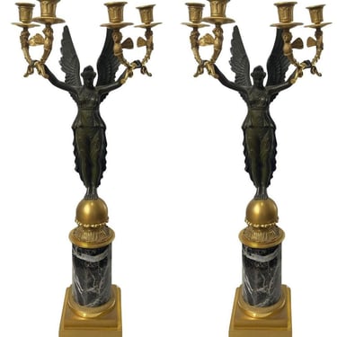 Pair 19th C French Empire Parcel Gilt Bronze Candelabra w/ Winged Maiden Figures