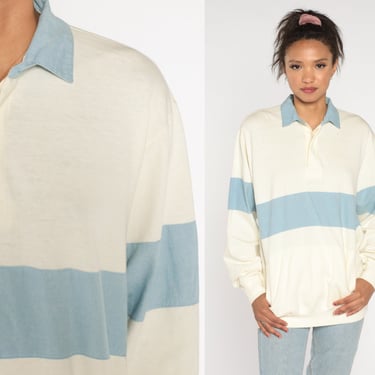 Striped Polo Sweatshirt 90s Cream Pocket Sweatshirt 1990s Button Up Collared Sweatshirt Vintage Blue Large xl 