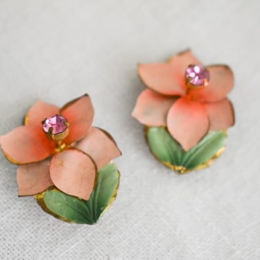 1940s/50s Pink Metal Flower and Rhinestone Clip Earrings 