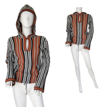 1970's Brown Striped Acrylic Hooded Pullover Sweater I Sz Med 