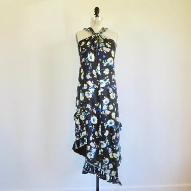 1930's Style Black and Blue Silk Floral Print Halter Midi Dress Flutter Asymmetrical Hem Spring summer 2000's Derek Lam Size 4 Small 