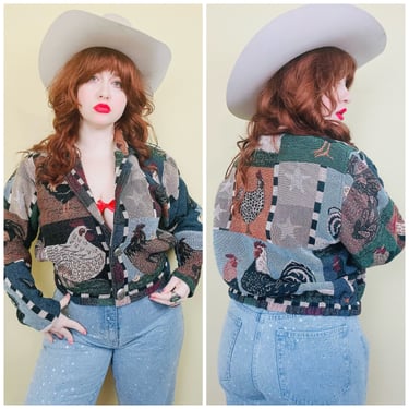 1990s Vintage Painted Pony Tapestry Jacket / 90s Cotton American Chicken Bird Bomber Jacket / Large 