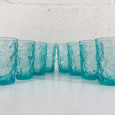 Vintage Aqua Blue Glasses Anchor Hocking Lido Milano Crinkle Glassware Set of 8 Juice Mini Cocktail Glass Mid-Century Colorful Home 1960s 