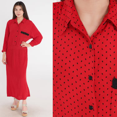 Polka Dot Dress 80s Maxi Dress Red Black Collared Button up Shirtwaist Dress High Waist Long Sleeve Secretary Chic Vintage 1980s Large L 