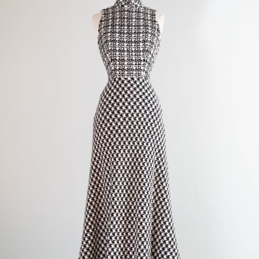 Fantastic 1960's Mod Wool Houndstooth Maxi Dress With Rhinestones / Small