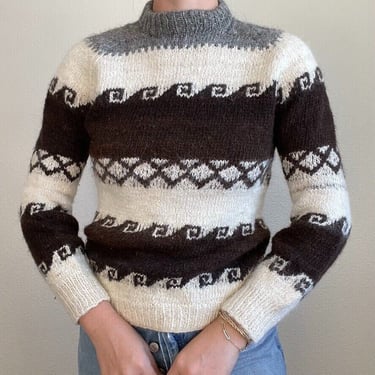 Vintage Hand Knit Neutral Brown Alpaca Geometric Crewneck Retro Sweater Sz M 