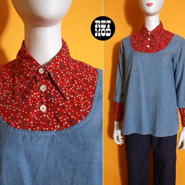 Trompe L'oeil Vintage 70s Blue Chambray &amp; Red Button Down Shirt 
