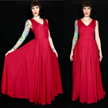 Vintage 1970's Candy Red Nylon Jersey Grecian Goddess Draped Diva Gown - size XS to Small to Medium 