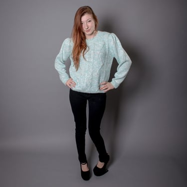 Mint Colored Cable Knit Pullover Sweater - With Pearl Details Size Medium - Pastelcore 