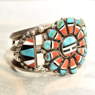 Zuni Sun Face Cuff Bracelet, Multi-Stone Needlepoint Inlay, Chunky Solid Silver Cuff, Native American Jewelry, 5" 