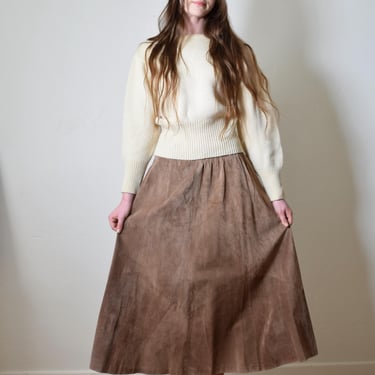 Vintage 1990s Chic Fawn SUEDE LEATHER High Waist Full + Draped Minimalist Maxi Skirt 28