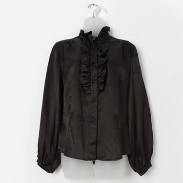 Vintage black silky blouse with ruffle front by Betty Jackson Studio - Medium 