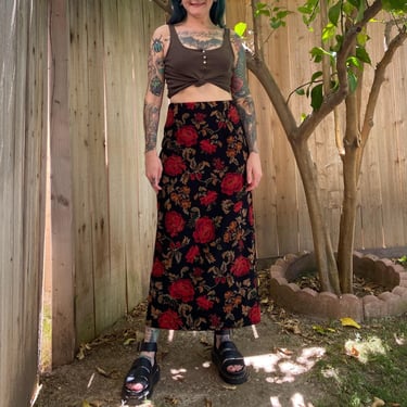 Vintage 1990’s Black and Red Floral Long Pencil Skirt 