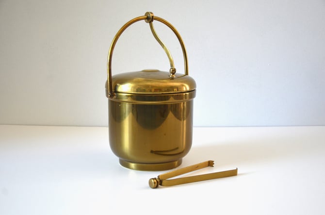 Art Deco Brass Ice Bucket with Swing Handle and matching Ice Tongs by Farber Brothers, NYC 