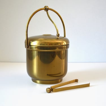 Art Deco Brass Ice Bucket with Swing Handle and matching Ice Tongs by Farber Brothers, NYC 