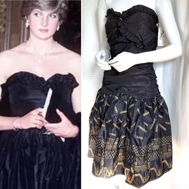 ZANDRA RHODES Off Shoulder Pouf Dress, Hand Painted Gold Taffeta, 80s Saks Fifth Ave Corset Dress, MAXIMALIST Party Dres, Wedding Dress Chic 