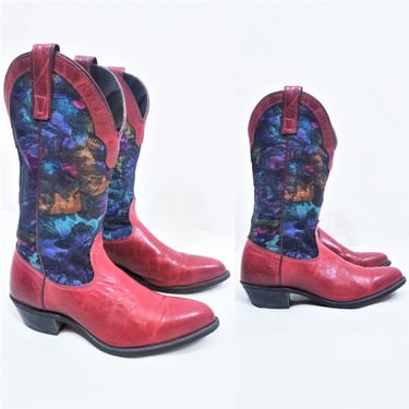 1980's Capezio Red Leather Tapestry Fabric Western Cowboy Boots I Sz 7 