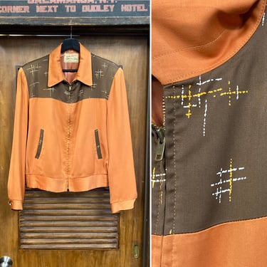 Vintage 1950’s Two-Tone Atomic Fleck Pumpkin Orange Gabardine Rockabilly Zipper Jacket, 50’s Vintage Clothing 