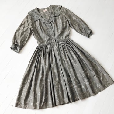 1950s Grey Floral + Butterfly Print Dress 