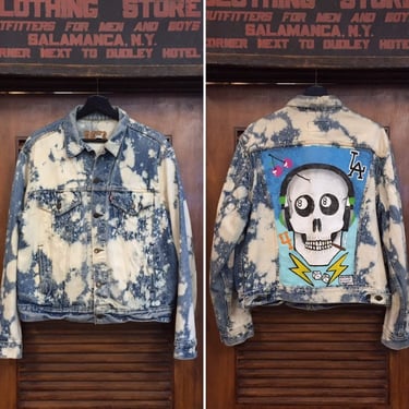Vintage 1980’s “Levi’s” Denim Jacket with DJ Skull Artwork, Bleached Denim, Hand Painted, Artwork, Los Angeles, Trucker Jacket, Vintage 