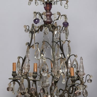 French Six Arm Bronze Chandelier with Amethyst Colored Fruit