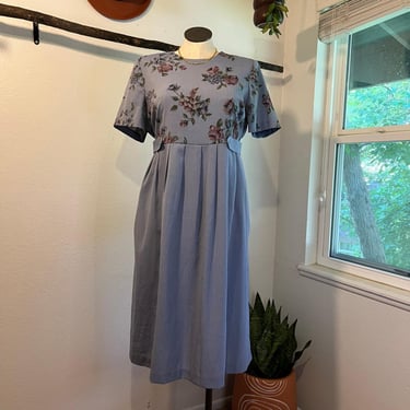 Vintage 90s Blue Textured Floral Print Short Sleeve Midi Summer Dress Size 16 
