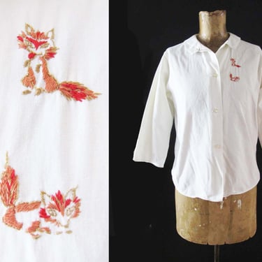 Vintage 50s Fox Embroidered Blouse S - 1950s White Collared Button Up Blouse - Rockabilly Style 