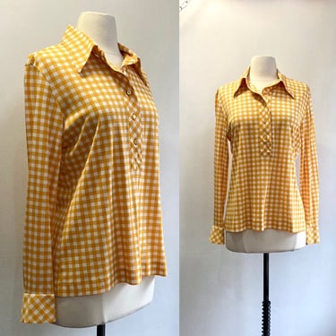 Vintage 60s 70s Blouse / Mod Henley Style / Yellow Gingham Check / Dagger Collar + Juice Buttons / ALEX COLEMAN 