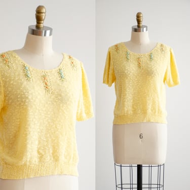 cute cottagecore sweater 80s 90s vintage yellow floral embroidered short sleeve sweater 