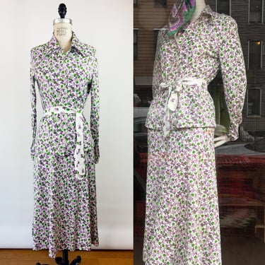Chic Vintage 1970s 3 Piece Skirt Set with 2 Belts Violet Floral Print/ 70s DVF Dress Ensemble Larger Small to Medium Size 