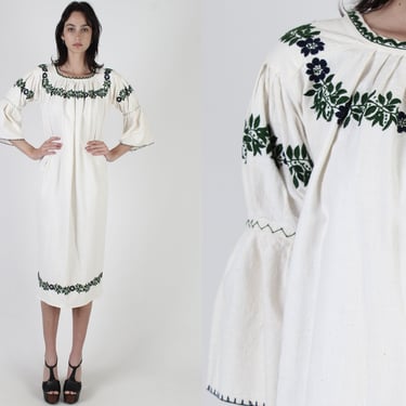 Ecuadorian Embroidered Ethnic Dress, Off White Midweight Cotton Material,  Ethnic Bell Sleeve South American Mini 