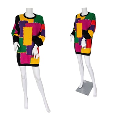 1990's Oversized Color Block Rainbow Chunky Pullover Cotton Sweater I Szz Lrg I I.B. Diffusion 