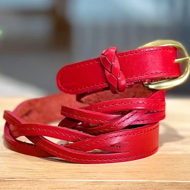 VINTAGE: 1980's - Red Steerhide Leather Belt - Accessory - Braided Belt - SKU 
