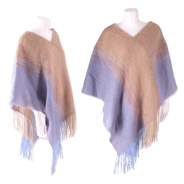 Vintage Wool Mohair poncho, 80s Handwoven Knit Pullover, Large Shawl Wrap, Scottish style Beige Blue Hand knit Handmade 