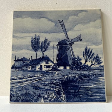 Delft-style Blue and White Dutch Windmill Scenic Landscape Tile 
