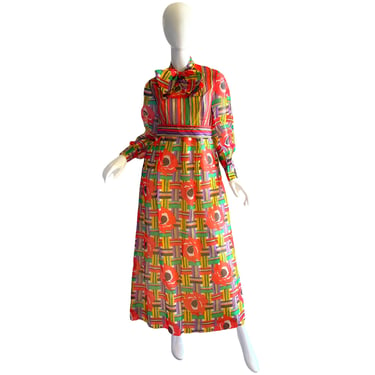 70s Joan Leslie By Kasper Dress / Vintage Psychedelic Poppies Rainbow Gown / 1970s Maxi Party Dress Small 