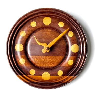 Vintage American Studio Craft Artist Made Round Turned Wood Sculptural Wall Clock Mid Century Modern Style 