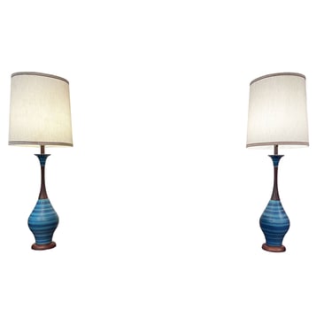 In Bright Blue Venetian Style — Pair of Tall, Elongated MCM Walnut Pottery Lamps