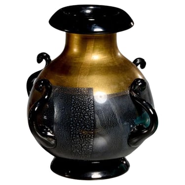 Vintage Italian Black &amp; Gold Murano Glass Amphora Vase