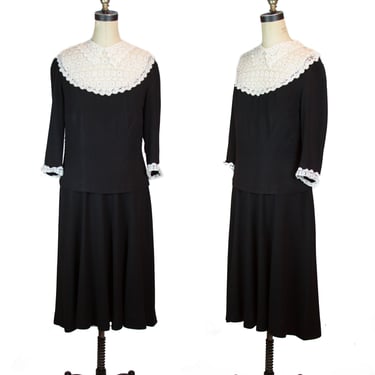 Vintage 1930s Dress ~ Lace Collar Black Rayon Dress 