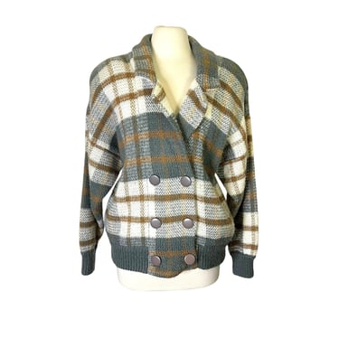 Vintage 80s Jessica Farrell Gray White Brown Large Plaid Wool Blend Cardigan Sweater 