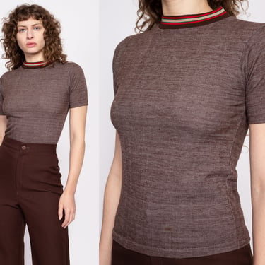 70s Brown Ribbed Ringer Top - Extra Small | Vintage Striped Crew Neck Retro Fitted T Shirt 
