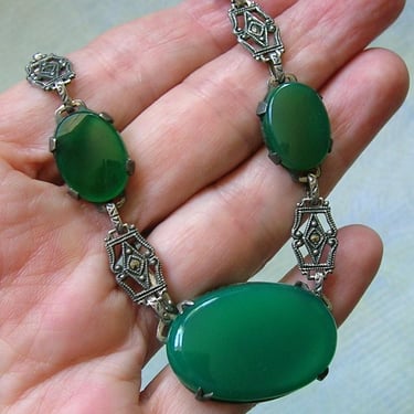 Antique 1930's Art Deco Sterling Marcasite Necklace, Old Art Deco Necklace, Sterling Marcasite Chrysoprase Necklace (#4464) 