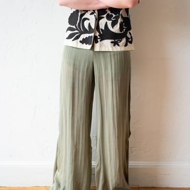 Vintage Muted Olive Genny Sheer Silk Palazzo Pant M