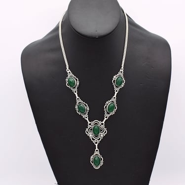 Ornate 80's sterling green onyx enamel Y bib, romantic oval chalcedony open work 925 silver necklace 