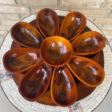 Mid Century Lazy Susan Wooden Serving Tray on Rotating Stand, Hand Carved Tropical Floral Accents 